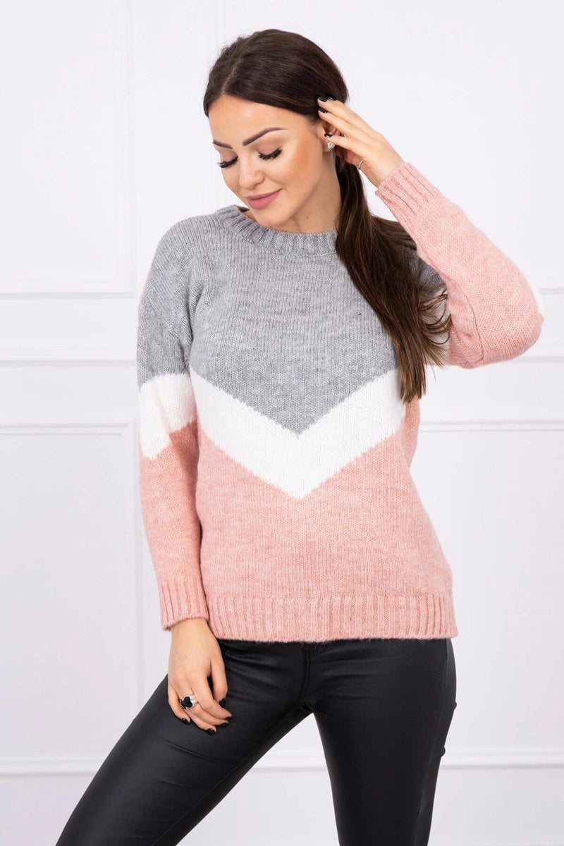 Sweter w geometryczne wzory szary+pudrowym róż , , , Moda Life Polska , 16311_1 , 2019-51