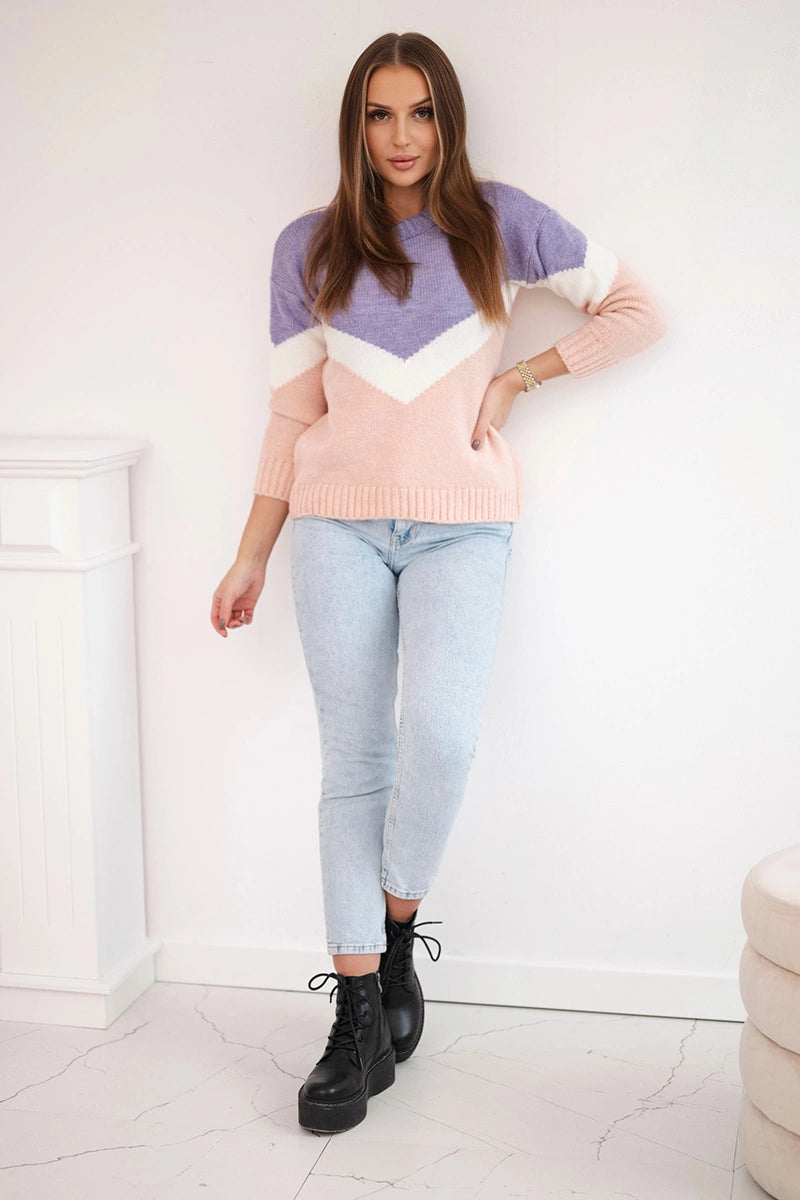 Sweter w geometryczne wzory fioletowy+pudrowy róż , , , Moda Life Polska , 18217_1 , 2019-51