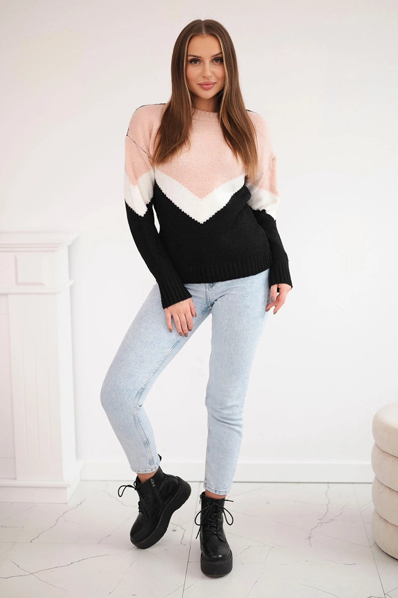 Sweter w geometryczne wzory pudrowy róż+czarny , , , Moda Life Polska , 18424_1 , 2019-51