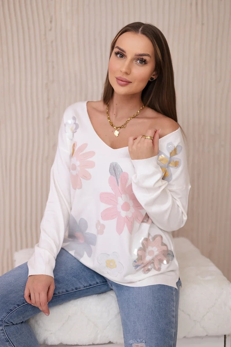Bluzka sweterkowa w kolorowe kwiaty różowy+szary , , , Moda Life Polska , 27628_2 , HN003-1