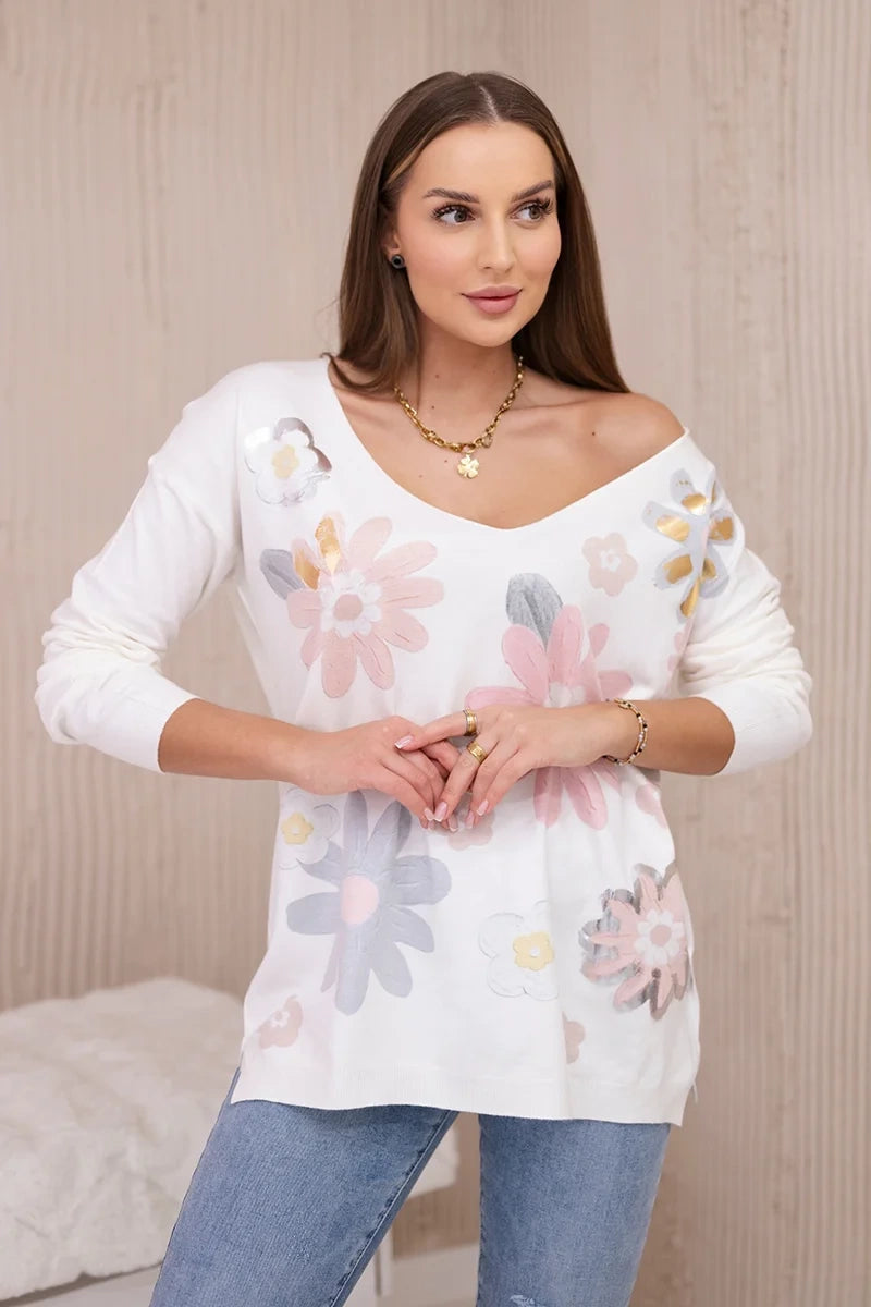 Bluzka sweterkowa w kolorowe kwiaty różowy+szary , , , Moda Life Polska , 27628_5 , HN003-1