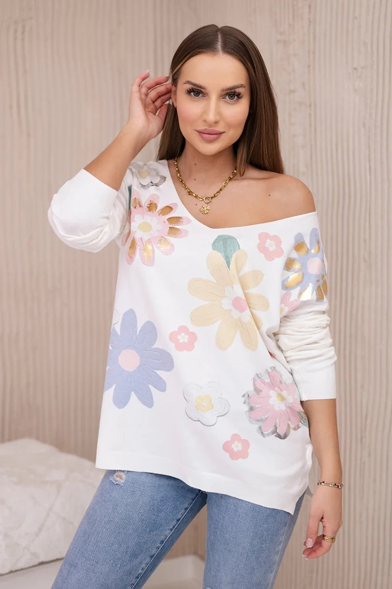 Bluzka sweterkowa w kolorowe kwiaty żółty+niebieski , , , Moda Life Polska , 27629_2 , HN003-1