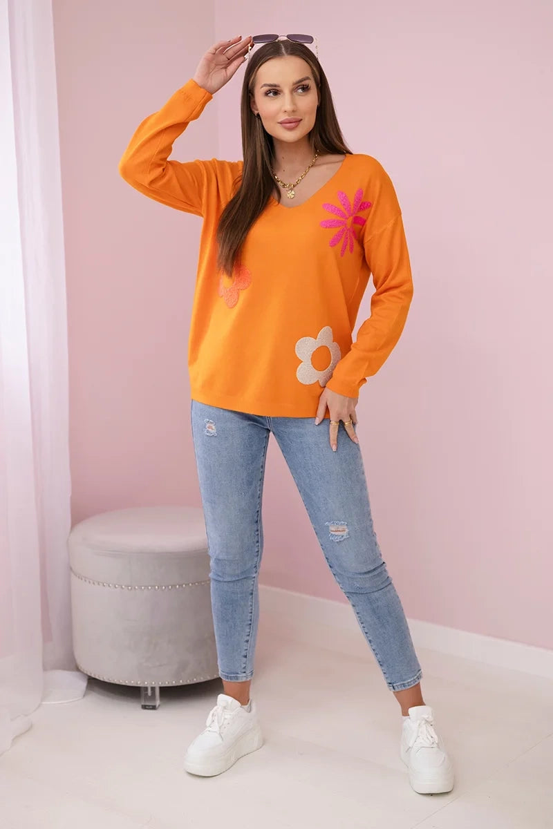 Bluzka sweterkowa z kwiatowym wzorem pomarańczowa , , , Moda Life Polska , 27634_1 , HN003-2