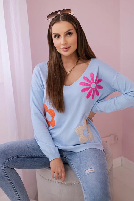 Bluzka sweterkowa z kwiatowym wzorem niebieska , , , Moda Life Polska , 27637_4 , HN003-2