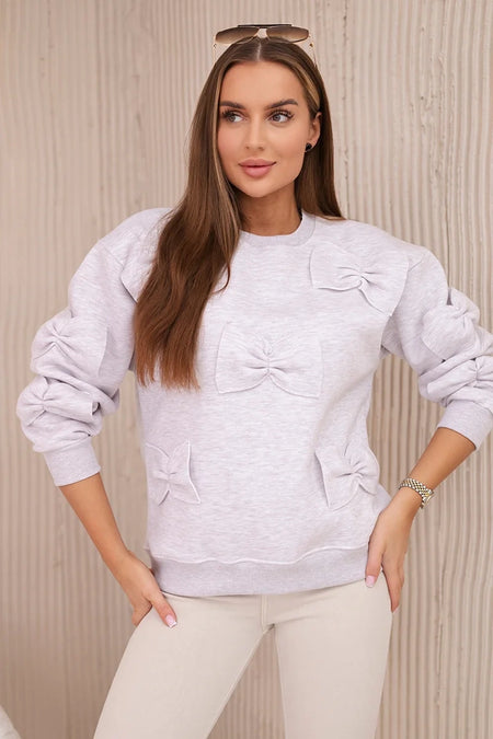 Bluza ocieplana ze ściągaczem i ozdobnymi kokardami beżowy melanż , , , Moda Life Polska , 27772_2 , 9796