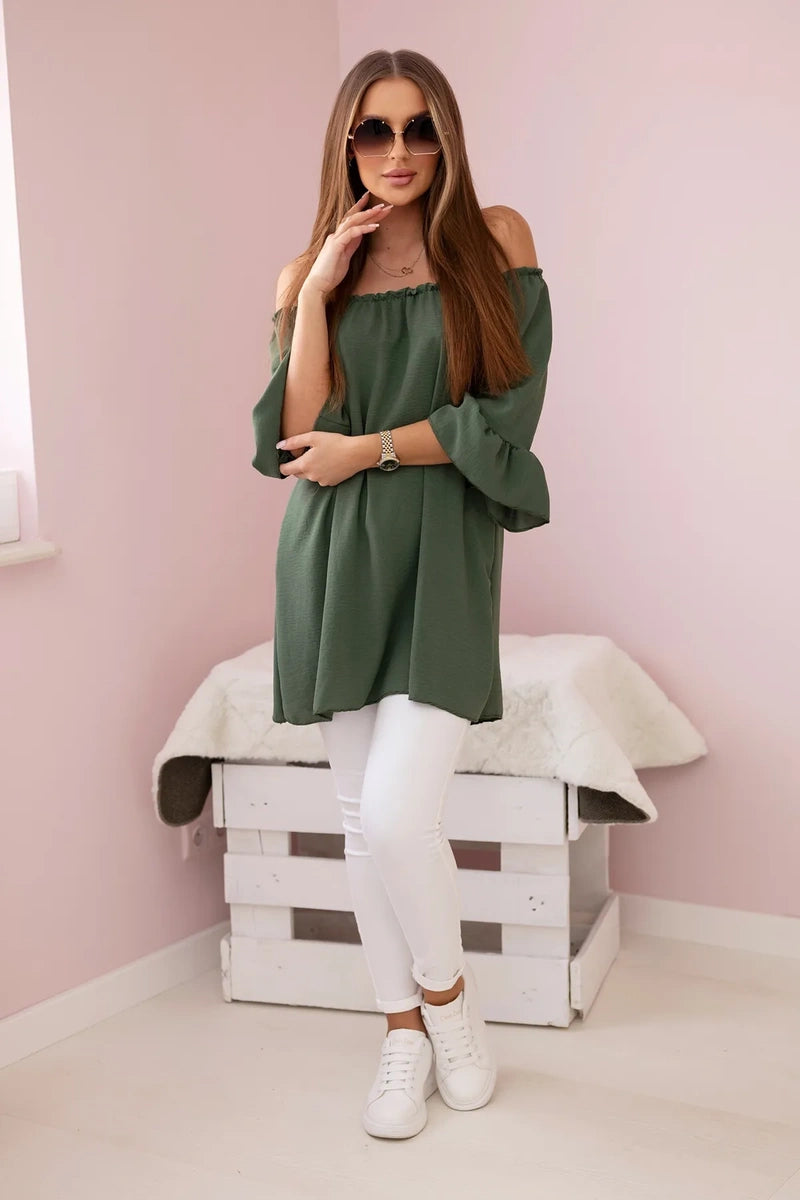 Bluzka hiszpanka z falbankami na rękawie khaki , , , Moda Life Polska , 28329_1 , IT-22