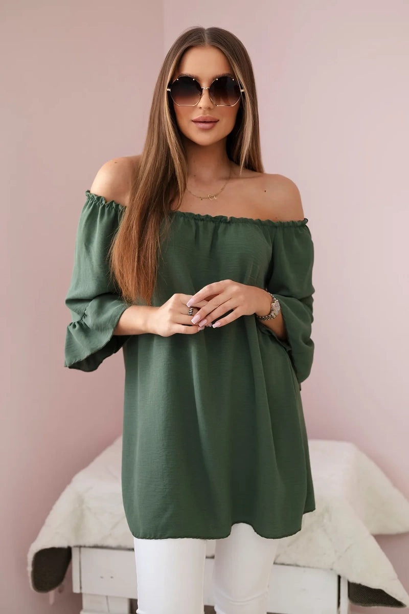 Bluzka hiszpanka z falbankami na rękawie khaki , , , Moda Life Polska , 28329_3 , IT-22
