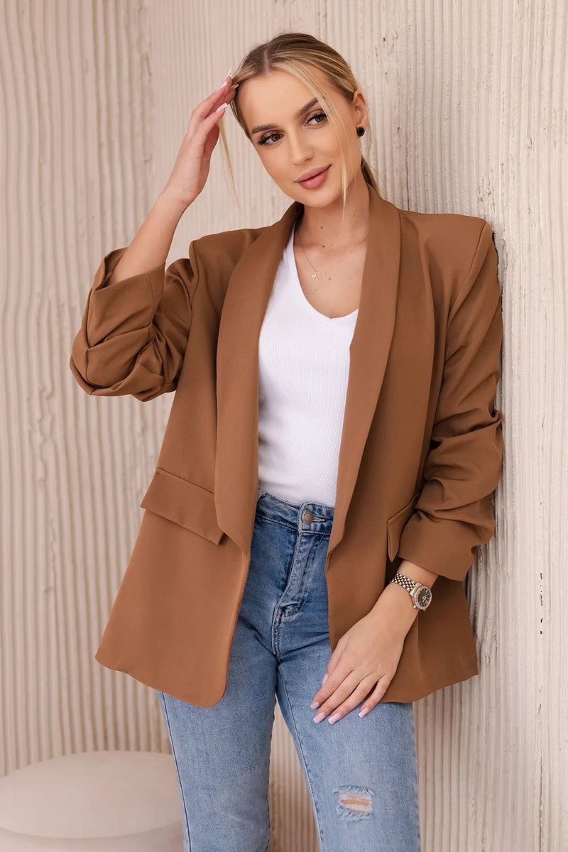 Marynarka z klapami elegancka , Ciemno Camelowa uniwersalny , Narzutki , IT , 29098_2 , 9709 Moda Włoska Narzutki Odzież Damska Wszystkie Produkty