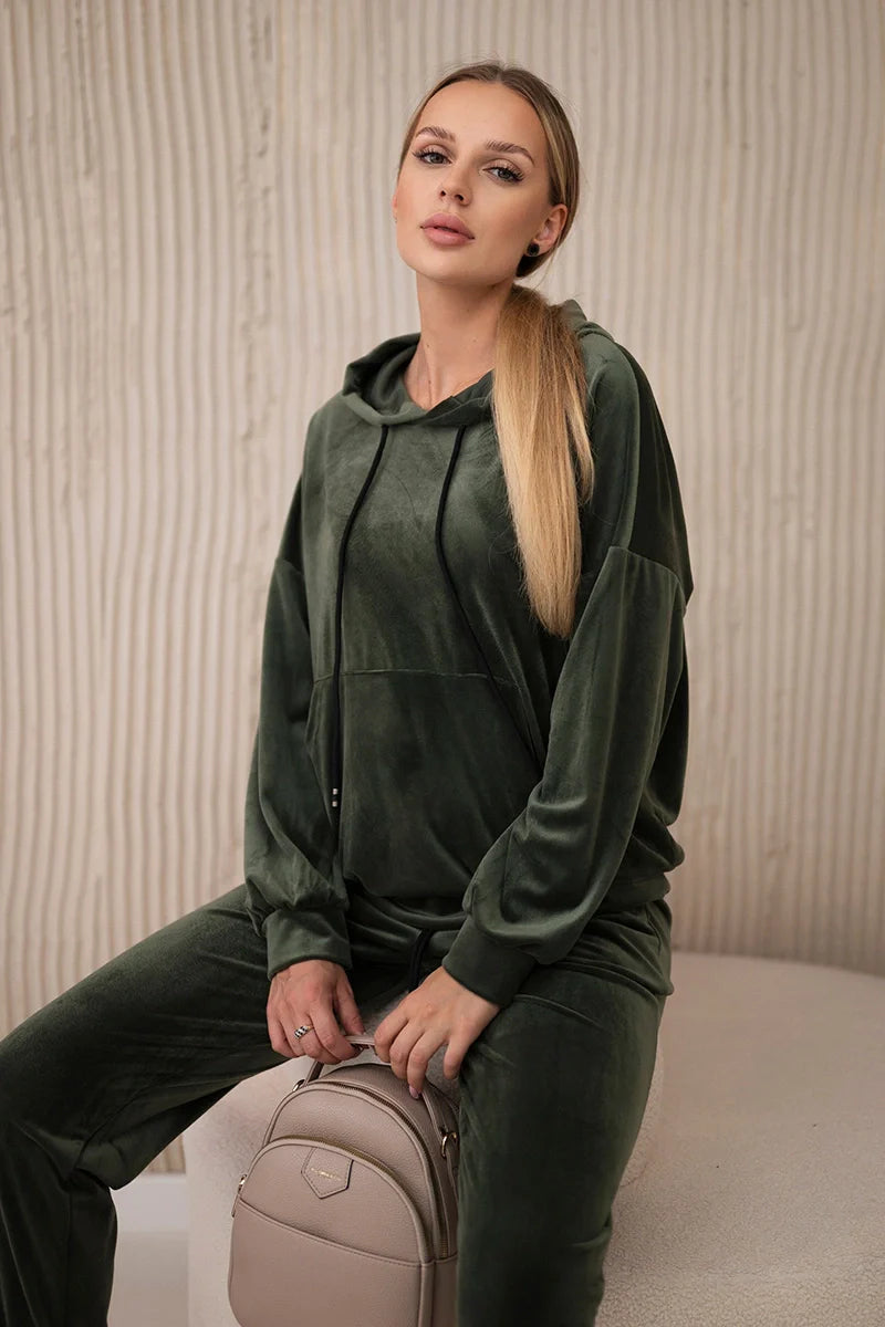 Komplet welurowy bluza kangurka + spodnie , khaki uniwersalny , Komplety , IT , 29956_3_fde33b3d-9ed0-45ce-aef4-e01cdd30d126 , 5629Q Komplety Odzież Damska Wszystkie Produkty