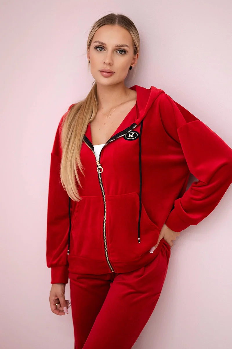 Komplet welurowy bluza z kapturem + spodnie , Czerwony uniwersalny , Komplety , IT , 29985_3_d6380979-bf17-4951-b237-781d55e929bd , 6106 Komplety Odzież Damska Wszystkie Produkty