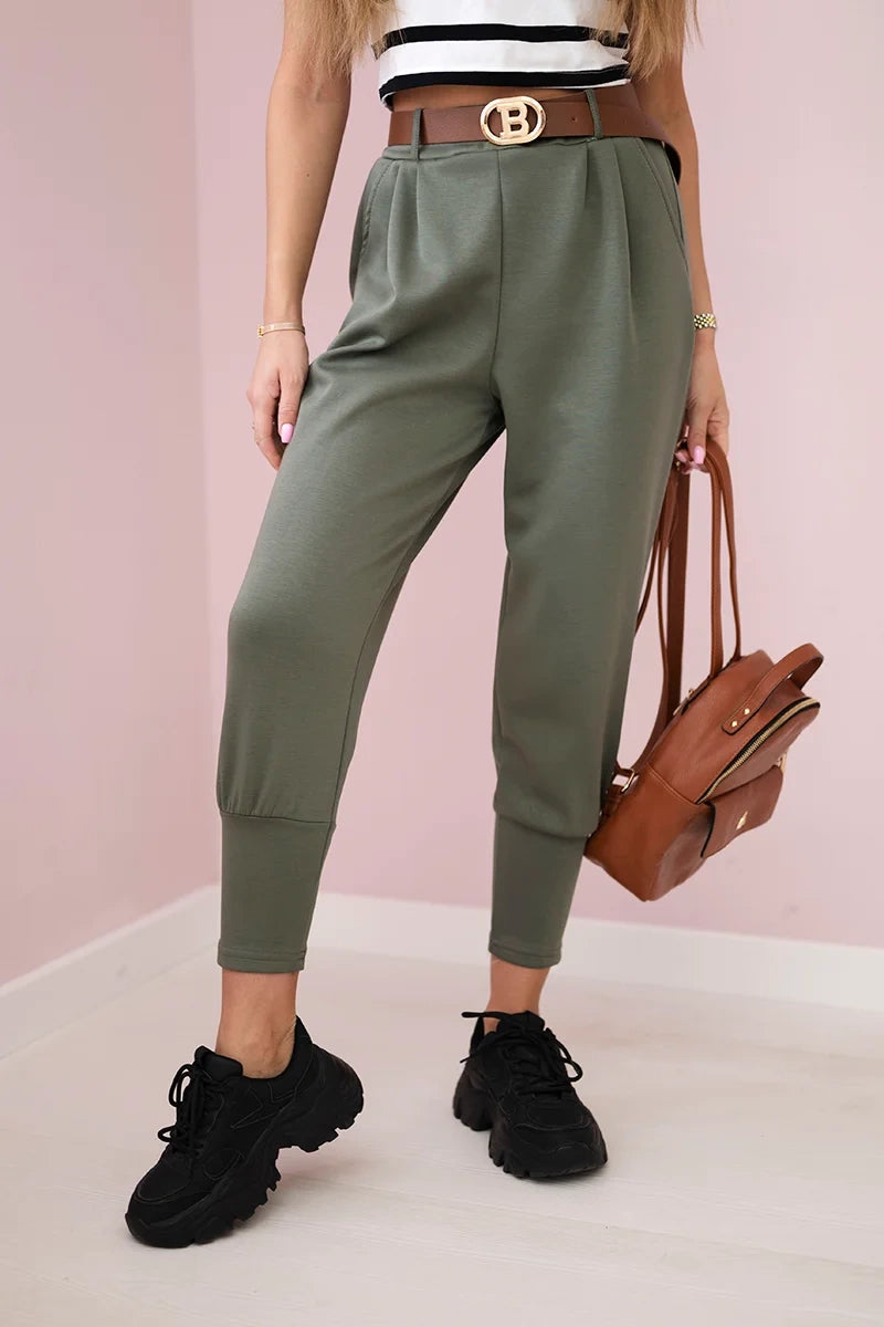 Spodnie z paskiem i kieszeniami masełko khaki , , , Moda Life Polska , 30935_1 , 7297