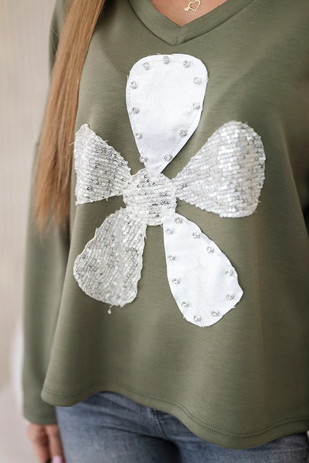 Bluza masełko z ozdobnym kwiatem , Khaki uniwersalny , Bluzy , IT , 31133_4 , ART121774 Bluzy Nowości Odzież Damska Wszystkie Produkty