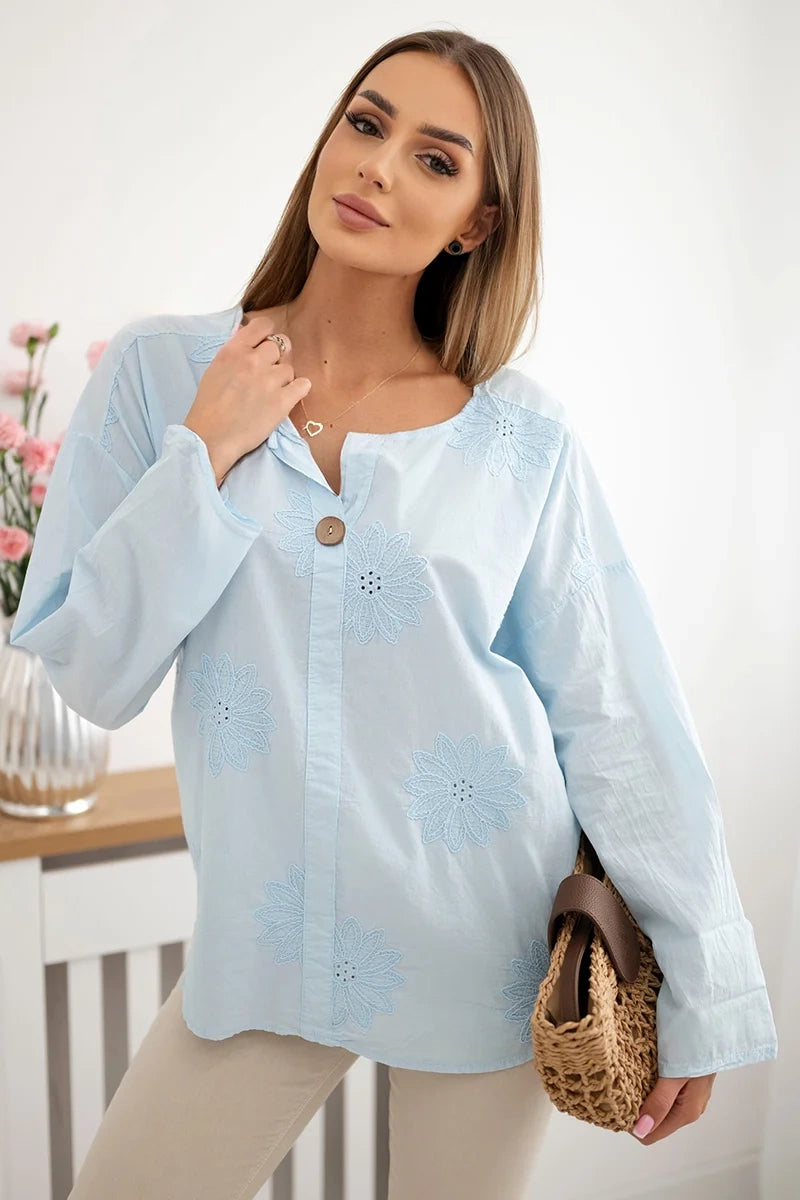 Bluzka koszulowa z haftowanym wzorem niebieska , , , Moda Life Polska , 31240_1 , IT-67