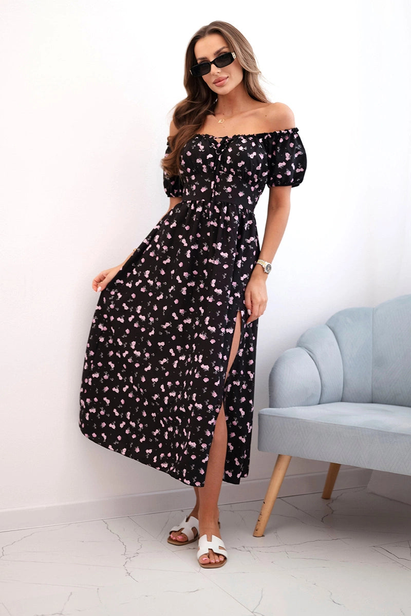 Sukienka damska maxi w kwiaty z bufkami , Czarna uniwersalny , Sukienki , IT , 31724_1 , ART23647 Moda Włoska Nowości Odzież Damska Sukienki wiosna Wszystkie Produkty