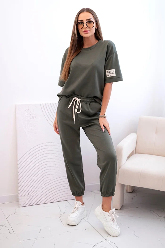 Komplet damski z wiskozy z krótkim rękawem i spodniami khaki , , , Moda Life Polska , 32131_1 , 7396