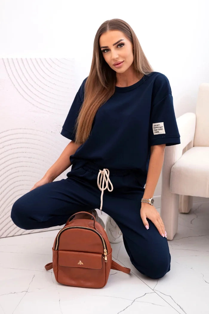 Komplet damski z wiskozy z krótkim rękawem i spodniami granatowy , , , Moda Life Polska , 32135_4 , 7396