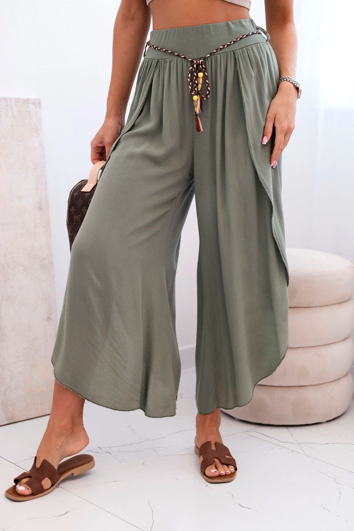 Spodnie damskie z wiskozy z rozcięciem na nogawkach khaki , , , Moda Life Polska , 32495_1 , 81378