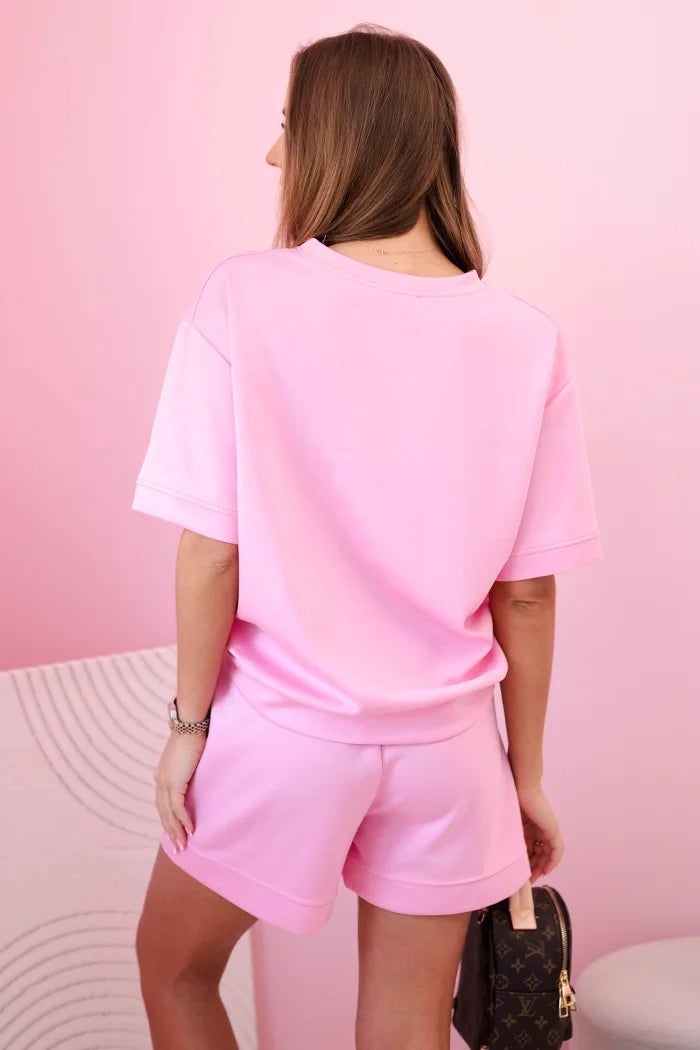 Komplet damski masełko z szortami z wysokim stanem jasny różowy , , , Moda Life Polska , 32579_3 , 7358