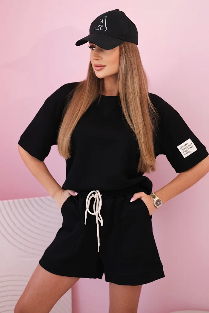 Komplet damski masełko z szortami z wysokim stanem czarny , , , Moda Life Polska , 32581_4 , 7358
