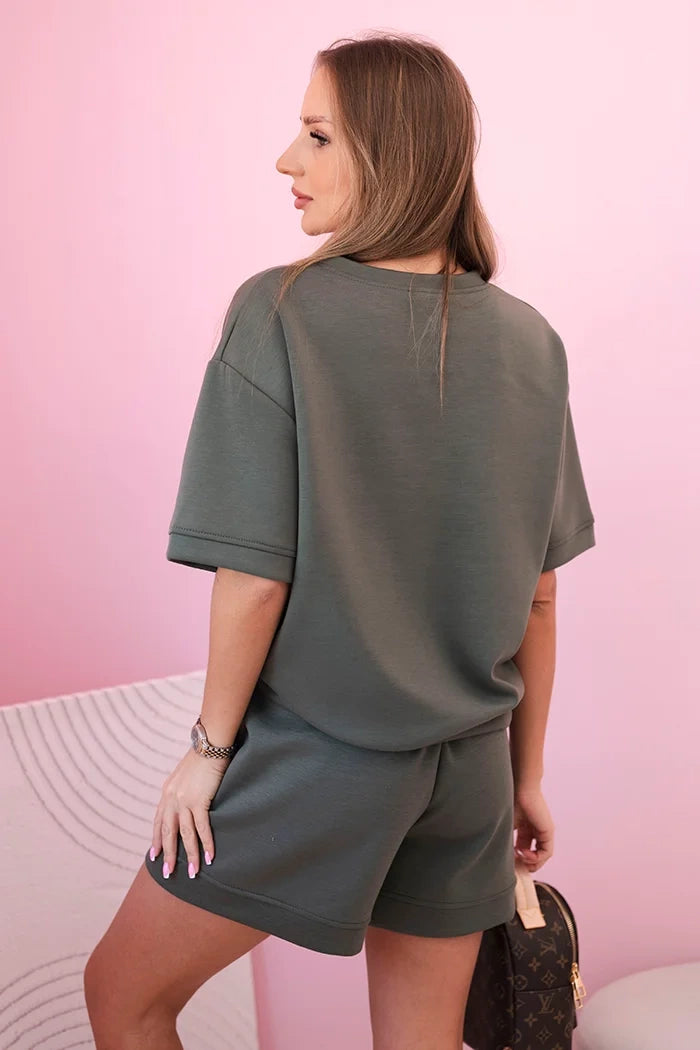 Komplet damski masełko z szortami z wysokim stanem khaki , , , Moda Life Polska , 32586_2 , 7358