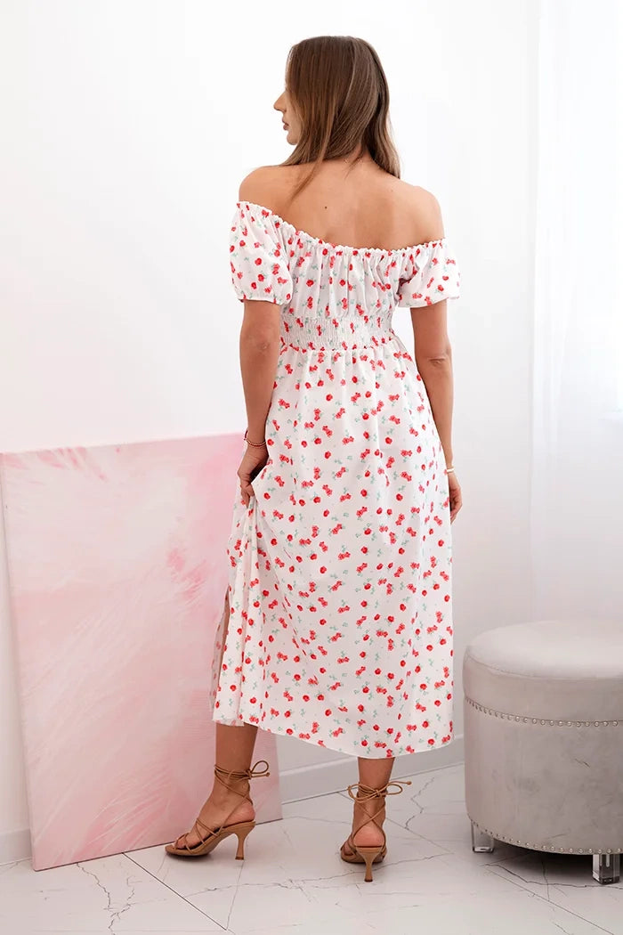 Sukienka damska maxi w kwiaty z bufkami , Biała uniwersalny , Sukienki , IT , 32616_2 , ART23647 Moda Włoska Nowości Odzież Damska Sukienki wiosna Wszystkie Produkty