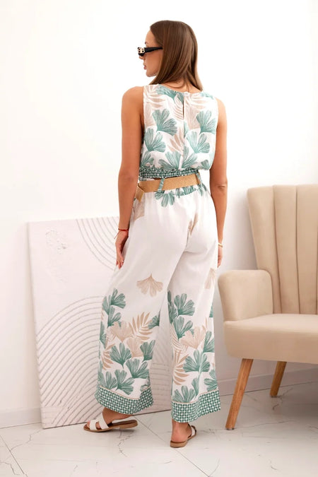 Komplet damski wiskozowy top i spodnie w liście , Ciemny Miętowy uniwersalny , Komplety , IT , 32865_2 , ART52978 Komplety Moda Włoska Nowości Odzież Damska wiosna Wszystkie Produkty