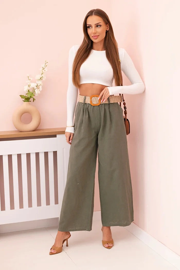 Spodnie damskie lniane z szeroką nogawką i paskiem , Khaki uniwersalny , Spodnie , IT , 32870_1 , ART9806-1 Moda Włoska Nowości Odzież Damska Spodnie wiosna Wszystkie Produkty
