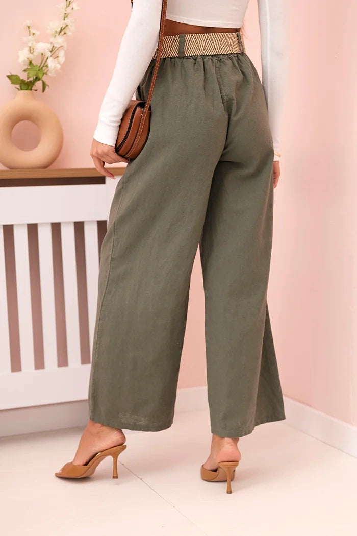 Spodnie damskie lniane z szeroką nogawką i paskiem , Khaki uniwersalny , Spodnie , IT , 32870_2 , ART9806-1 Moda Włoska Nowości Odzież Damska Spodnie wiosna Wszystkie Produkty