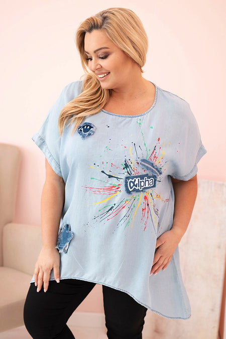 Bluzka damska Plus Size z naszywkami jasno jeansowa , , , Moda Life Polska , 32997_1 , 1876