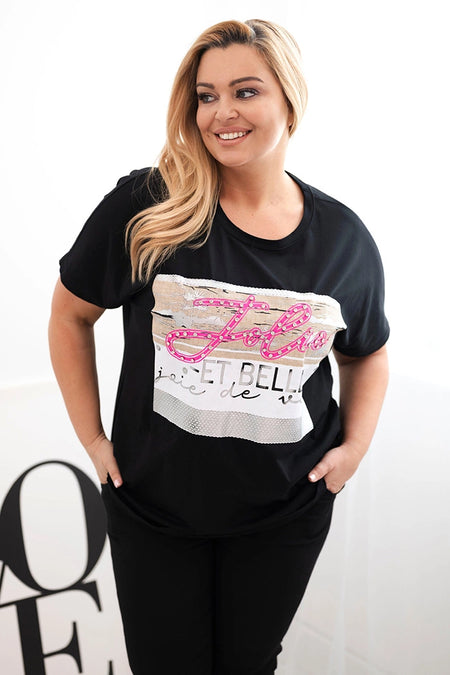 Bluzka damska bawełniana Plus Size z cekinowym napisem , Czarna uniwersalny , Bluzki , IT , 32999_1 , 1315 Bluzki Moda Włoska Nowości Odzież Damska plussize wiosna Wszystkie Produkty