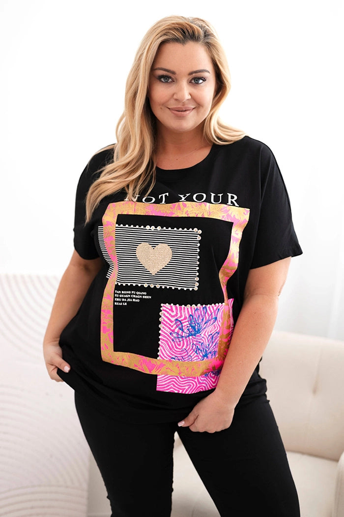 Bluzka damska bawełniana Plus Size ze złotym napisem czarny + różowy , , , Moda Life Polska , 33003_1 , 1275