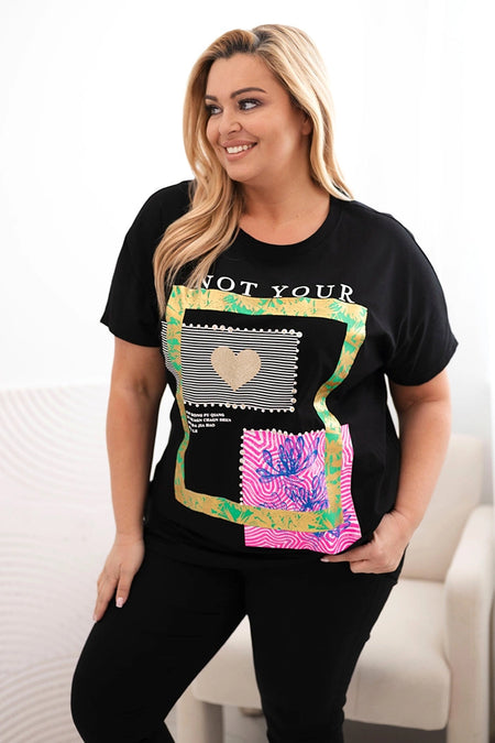 Bluzka damska bawełniana Plus Size ze złotym napisem , Czarny + zielony uniwersalny , Bluzki , IT , 33005_1 , 1275 Bluzki Moda Włoska Nowości Odzież Damska plussize wiosna Wszystkie Produkty
