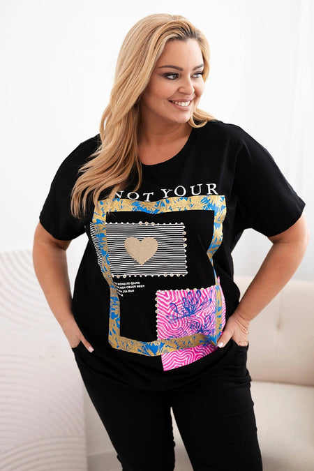 Bluzka damska bawełniana Plus Size ze złotym napisem , Czarny + chabrowy uniwersalny , Bluzki , IT , 33006_1 , 1275 Bluzki Moda Włoska Nowości Odzież Damska plussize wiosna Wszystkie Produkty