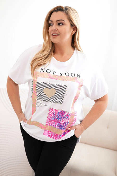 Bluzka damska bawełniana Plus Size ze złotym napisem , Biały + różowy uniwersalny , Bluzki , IT , 33007_1 , 1275 Bluzki Moda Włoska Nowości Odzież Damska plussize wiosna Wszystkie Produkty