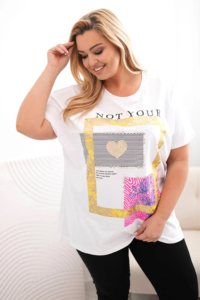 Bluzka damska bawełniana Plus Size ze złotym napisem biały + żółty , , , Moda Life Polska , 33008_1 , 1275