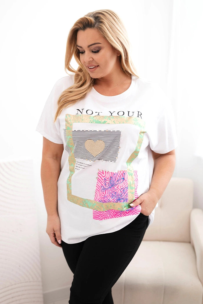 Bluzka damska bawełniana Plus Size ze złotym napisem biały + zielony , , , Moda Life Polska , 33009_1 , 1275