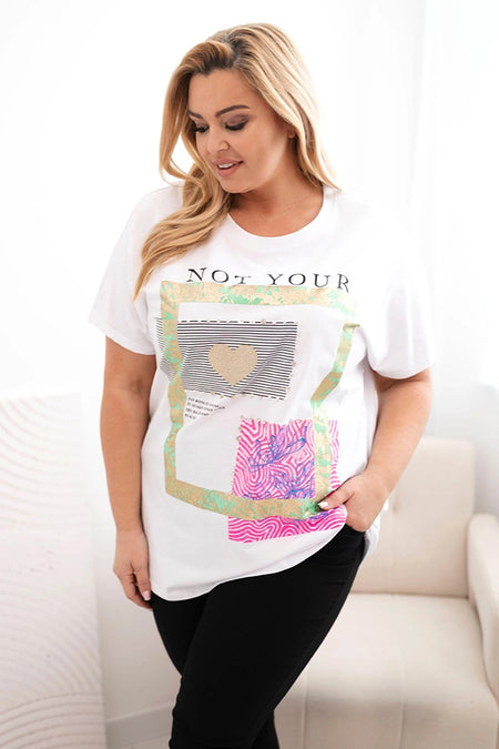 Bluzka damska bawełniana Plus Size ze złotym napisem , Biały + zielony uniwersalny , Bluzki , IT , 33009_1 , 1275 Bluzki Moda Włoska Nowości Odzież Damska plussize wiosna Wszystkie Produkty