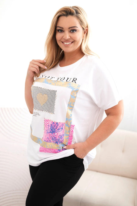 Bluzka damska bawełniana Plus Size ze złotym napisem , Biały + niebieski uniwersalny , Bluzki , IT , 33010_1 , 1275 Bluzki Moda Włoska Nowości Odzież Damska plussize wiosna Wszystkie Produkty