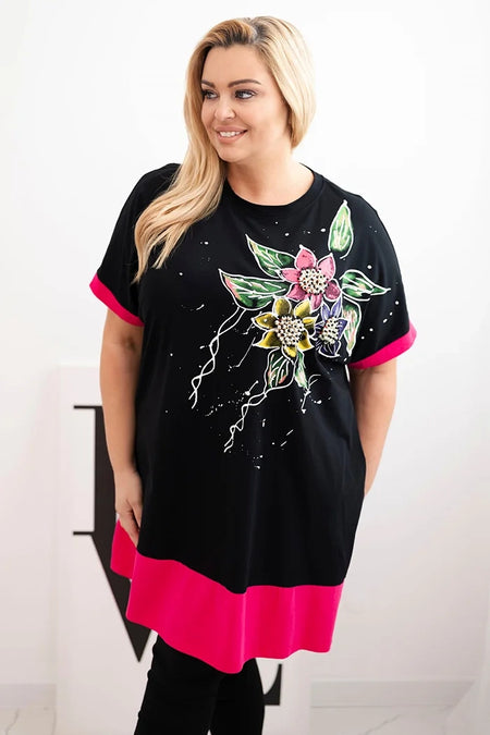 Bluzka damska Plus Size z kwiatowym wzorem i ozdobnymi perełkami fuksja , , , Moda Life Polska , 33012_1 , 1661