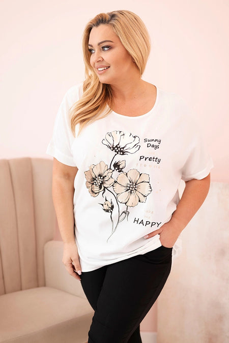 Bluzka damska Plus Size z wiskozy z kwiatowym nadrukiem i napisem , Ecru uniwersalny , Bluzki , IT , 33017_1 , 2152 Bluzki Moda Włoska Nowości Odzież Damska plussize wiosna Wszystkie Produkty
