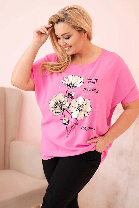 Bluzka damska Plus Size z wiskozy z kwiatowym nadrukiem i napisem różowa , , , Moda Life Polska , 33020_1 , 2152