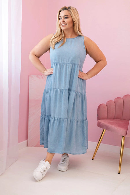Sukienka damska Plus Size z lyocellu rozkloszowana z falbanami , Jasno Jeansowa uniwersalny , Sukienki , IT , 33029_1 , 1882 Moda Włoska Nowości Odzież Damska plussize Sukienki wiosna Wszystkie Produkty