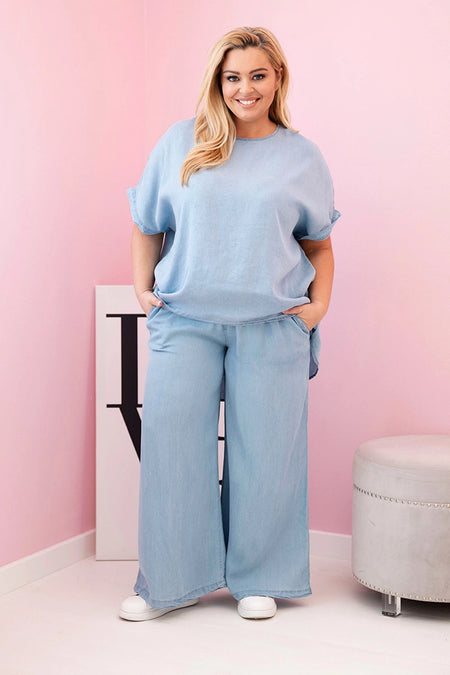 Komplet damski Plus Size z tencelu bluzka i spodnie z wiązaniem jasno jeansowy , , , Moda Life Polska , 33033_1 , 51013