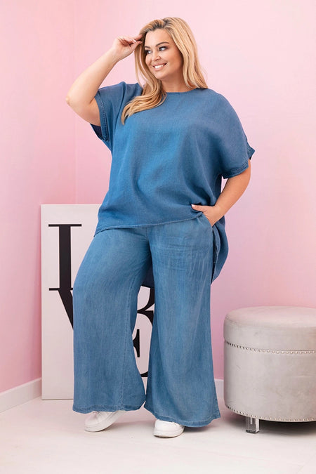 Komplet damski Plus Size z tencelu bluzka i spodnie z wiązaniem jeansowy , , , Moda Life Polska , 33036_1 , 51013