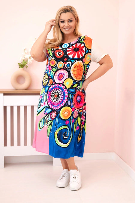 Sukienka damska Plus Size z wiskozy z kolorowym nadrukiem , Beżowy + Różówy uniwersalny , Sukienki , IT , 33038_1 , 2189 Moda Włoska Nowości Odzież Damska plussize Sukienki wiosna Wszystkie Produkty