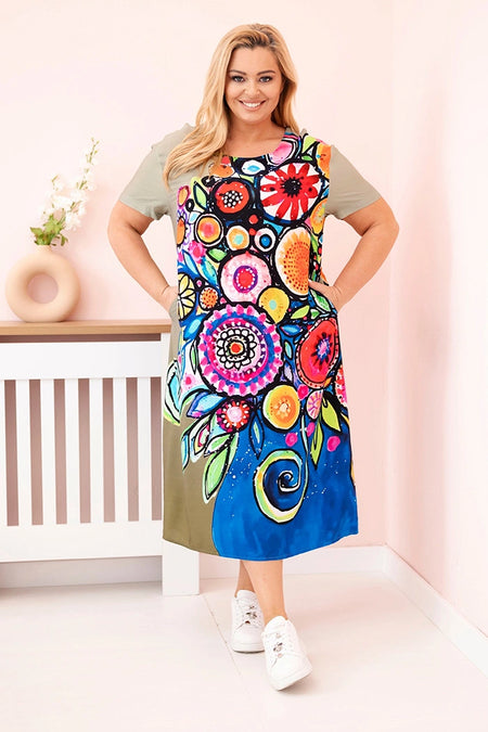 Sukienka damska Plus Size z wiskozy z kolorowym nadrukiem , Khaki uniwersalny , Sukienki , IT , 33041_1 , 2189 Moda Włoska Nowości Odzież Damska plussize Sukienki wiosna Wszystkie Produkty