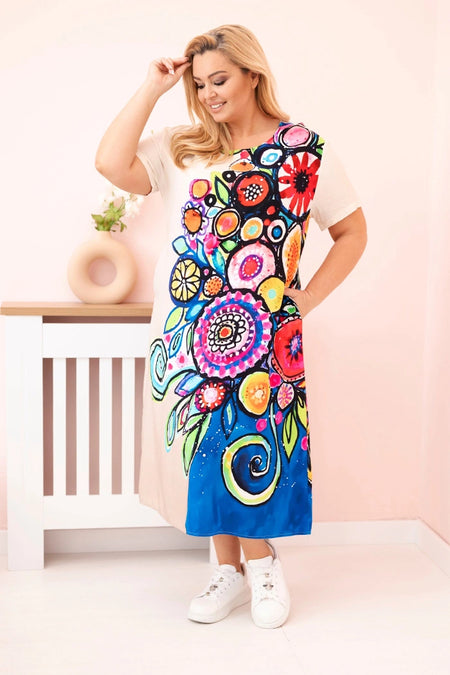 Sukienka damska Plus Size z wiskozy z kolorowym nadrukiem beżowa , , , Moda Life Polska , 33042_1 , 2189