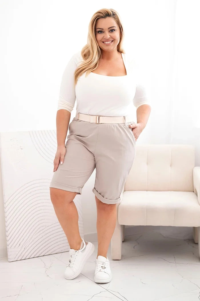 Spodenki damskie bawełniane Plus Size z paskiem , Ciemno beżowe , Spodenki , IT , 33106_1 , ART52231 Moda Włoska Nowości Odzież Damska plussize Spodenki Wszystkie Produkty