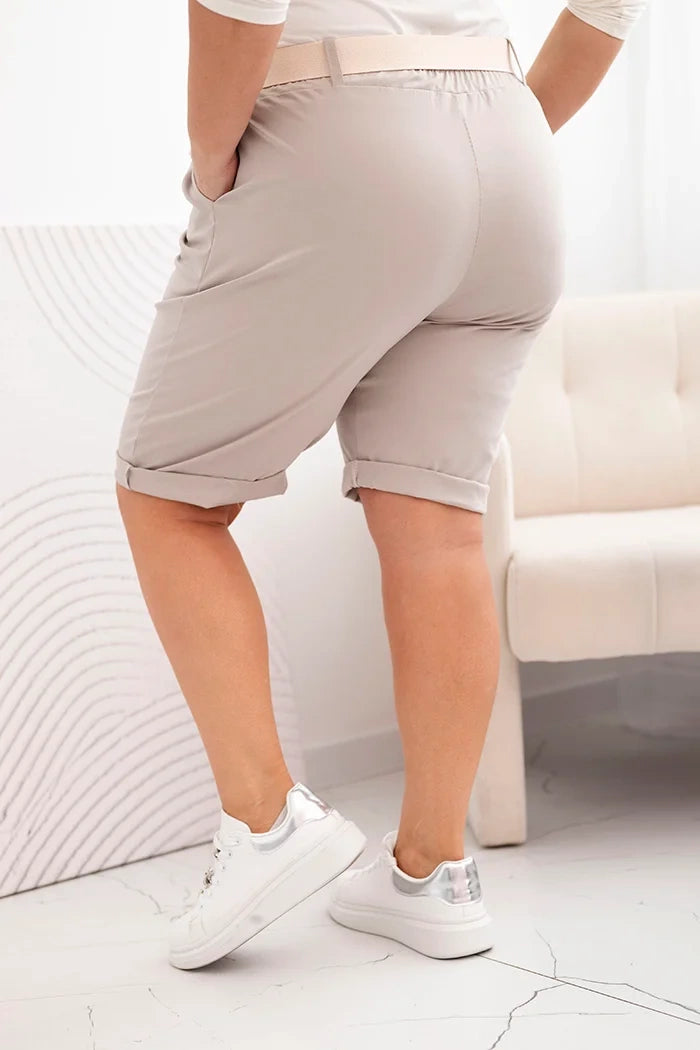 Spodenki damskie bawełniane Plus Size z paskiem , Ciemno beżowe , Spodenki , IT , 33106_2 , ART52231 Moda Włoska Nowości Odzież Damska plussize Spodenki Wszystkie Produkty