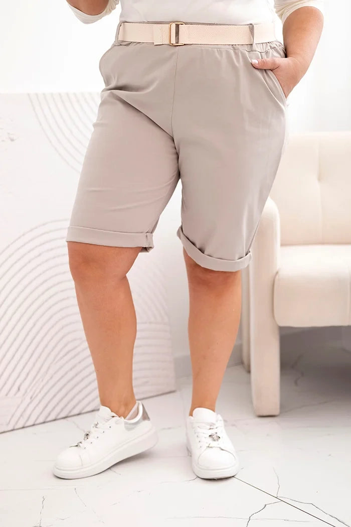 Spodenki damskie bawełniane Plus Size z paskiem , Ciemno beżowe , Spodenki , IT , 33106_3 , ART52231 Moda Włoska Nowości Odzież Damska plussize Spodenki Wszystkie Produkty